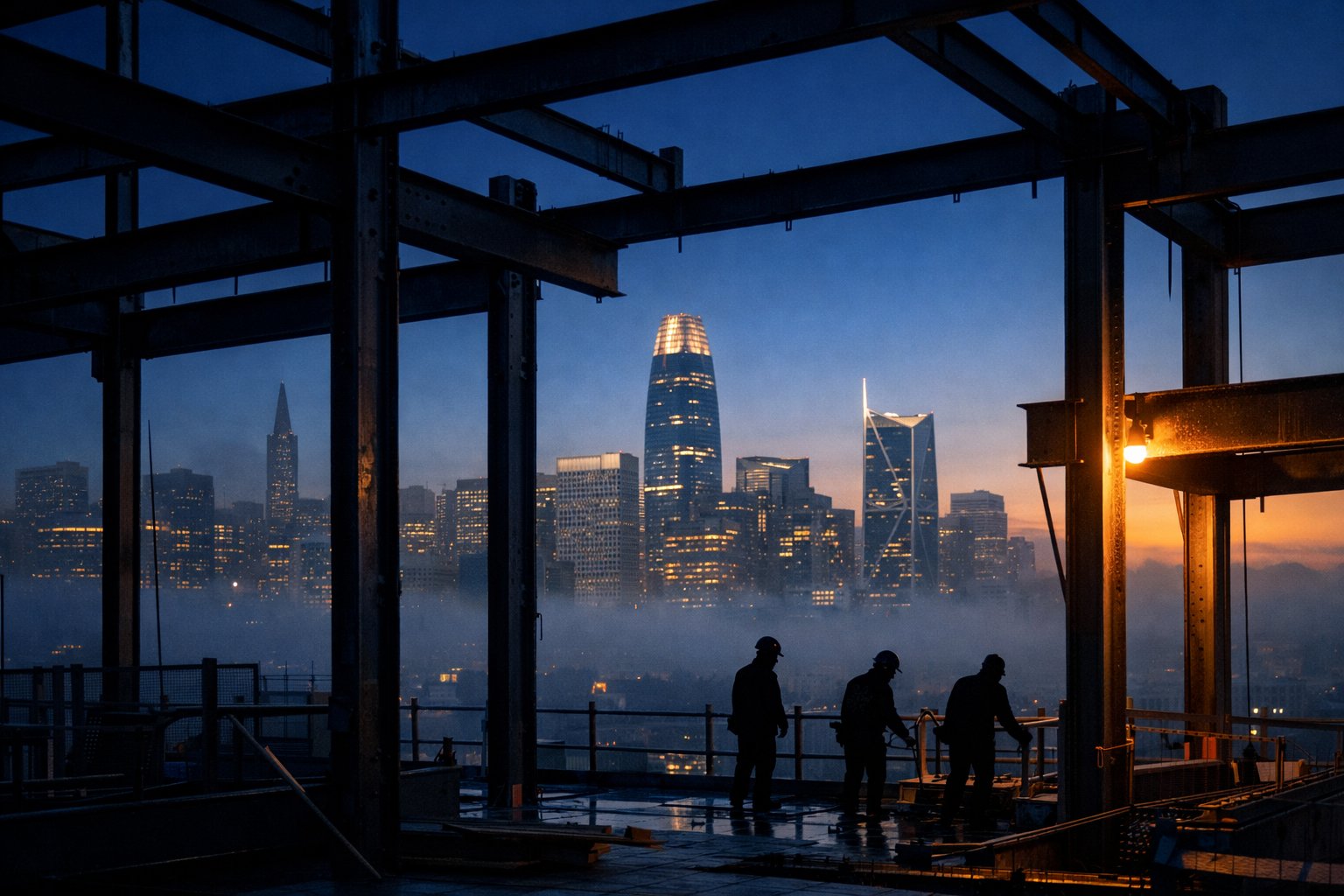 Construction workers on a steel framework at blue hour with the San Francisco skyline in the background